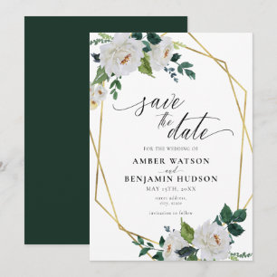 White Flowers Emerald Gold Floral Save The Date Invitation