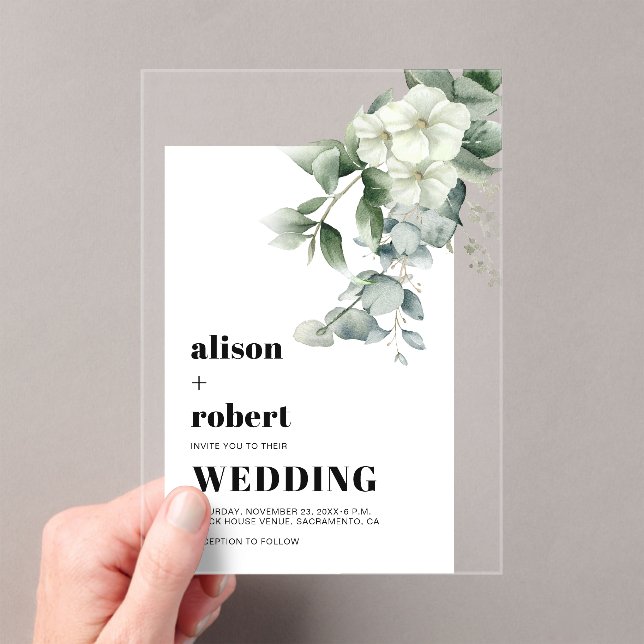 White flowers, eucalyptus and frame wedding acrylic invitations (Insitu (Handheld))