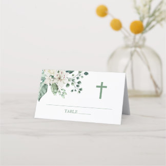 White Flowers Eucalyptus Baptism Place Card