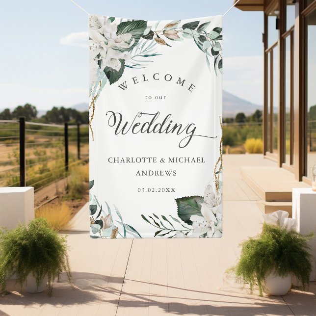 White Flowers Eucalyptus Gold Wedding Banner (White Flowers Eucalyptus Gold Wedding Banner with your name & Date.)