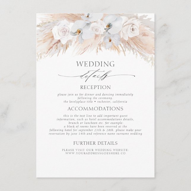 White Flowers Exotic Pampas Grass Wedding Details Enclosure Card (Front)