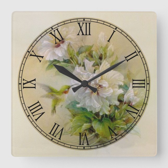 White Flowers Fine Art Roman Numeral Square Wall Clock (Front)