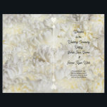 White Flowers Folded Wedding Program template<br><div class="desc">White wedding folded program with floral background.  Customise black text on front page and both inside pages and fold this program in half.  Hearts embellish a centre divider line and the back of the program will be blank.  Cream and white flower petals cover both sides.</div>