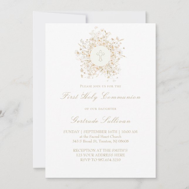 white flowers frame First Holy Communion Invitation (Front)