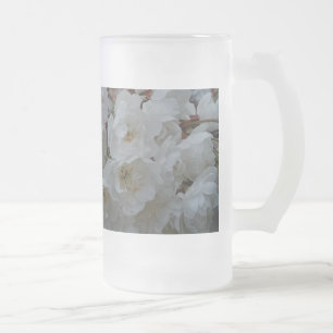 White flowers frosted glass beer mug