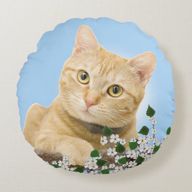 White Flowers & Ginger Tabby Cat on Light Blue Round Cushion (Front)