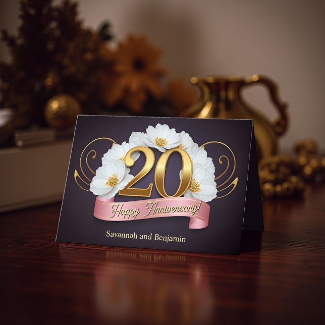 White Flowers Gold 20th Wedding Anniversary Card (Creator Uploaded)
