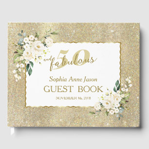 White Flowers Gold 50 and Fabulous Birthday Party Guest Book
