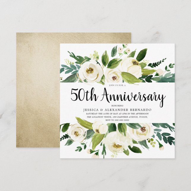 White Flowers Gold 50th Wedding Anniversary Invitation (Front/Back)