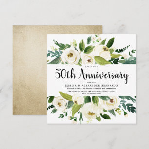 White Flowers Gold 50th Wedding Anniversary Invitation