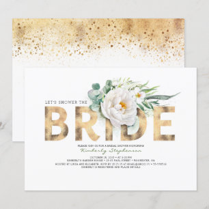 White Flowers Gold and Greenery Chic Bridal Shower Invitation