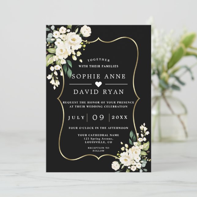 White Flowers Gold Black All In One Wedding  Invitation (Standing Front)