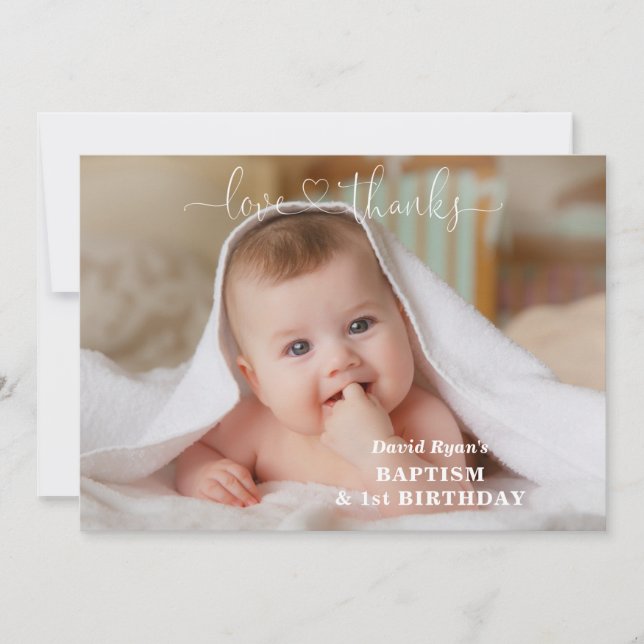 White Flowers Gold Boy Photo 1st Birthday Baptism Thank You Card (Front)