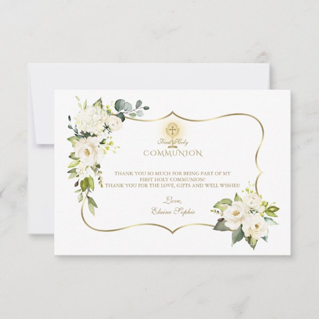 White Flowers Gold Cross Chalice Holy Communion Thank You Card (Front)