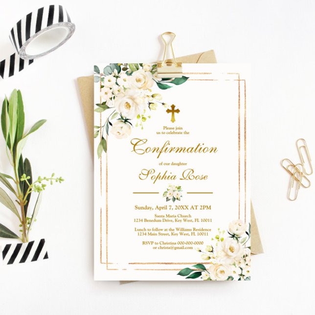 White Flowers & Gold Frame Girl Confirmation Invitation (Creator Uploaded)