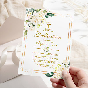 White Flowers & Gold Frame Girl Dedication Invitation