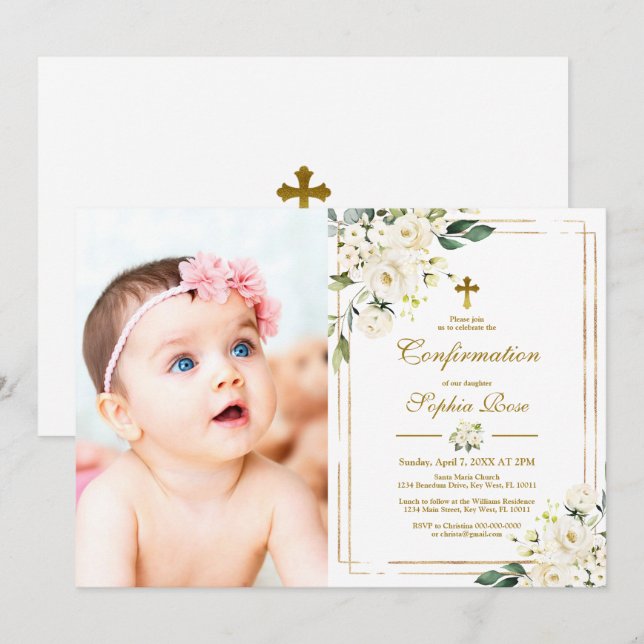 White Flowers & Gold Frame Photo Girl Confirmation Invitation (Front/Back)