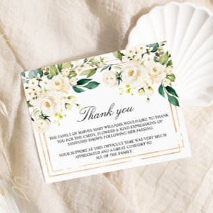 White Flowers & Gold Funeral Thank You Note
