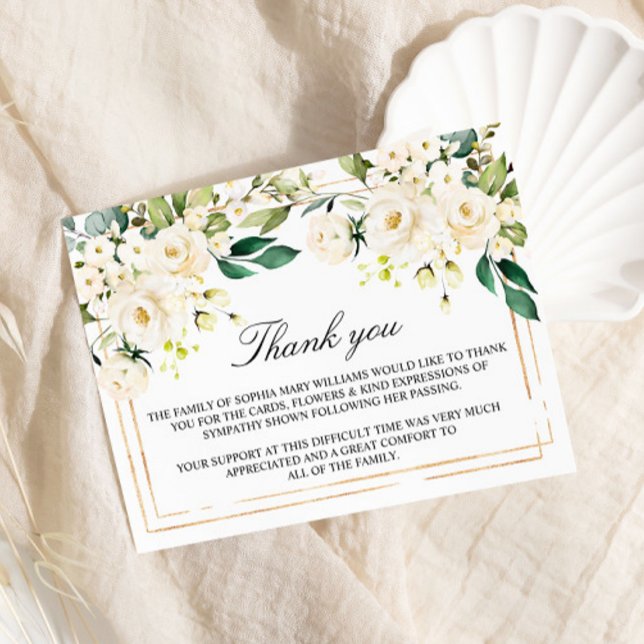 White Flowers & Gold Funeral Thank You Note Card (Creator Uploaded)