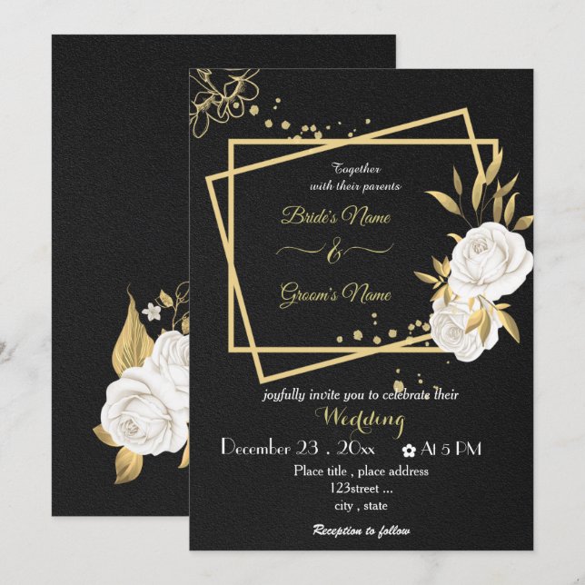 white flowers gold geometric black wedding invitation (Front/Back)
