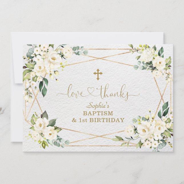 White Flowers Gold Girl 1st Birthday Baptism Thank You Card (Front)