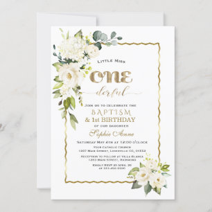 White Flowers Gold Girl First Birthday & Baptism Invitation