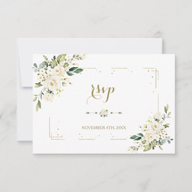 White Flowers Gold Glitter Frame Confetti Wedding RSVP Card (Front)