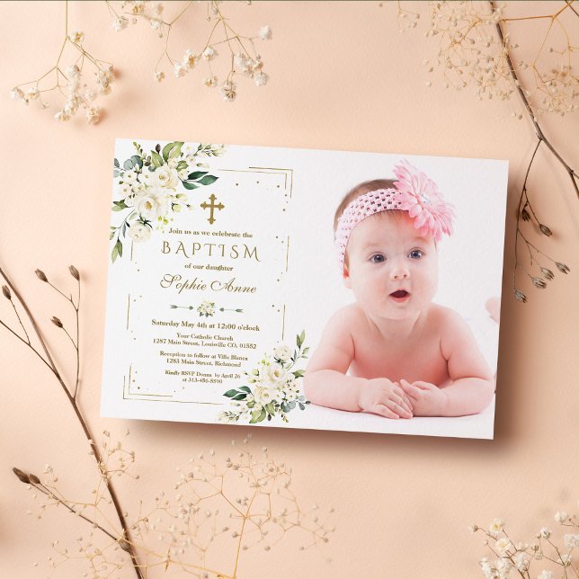 White Flowers Gold Glitter Frame Photo Baptism Invitation (trendy white flowers photo girl baptism, white floral gold baptism, modern elegant photo baptism)