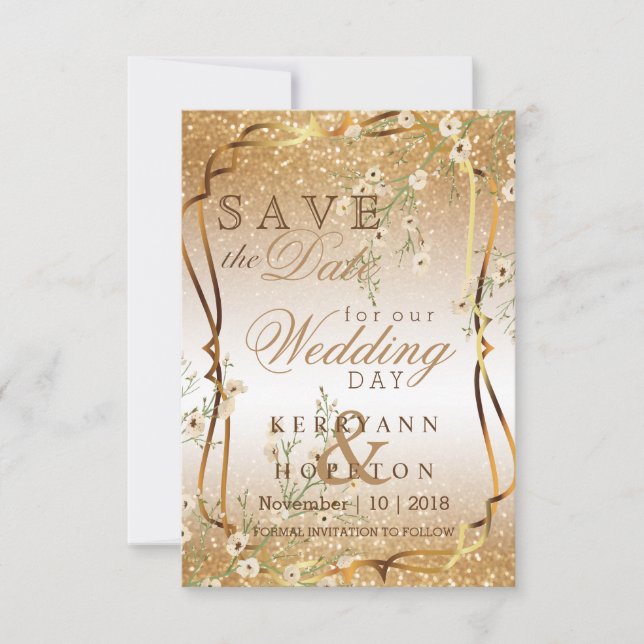 White Flowers & Gold Glitter Save The Date (Front)