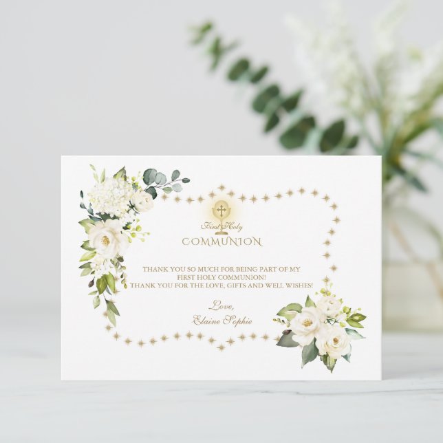 White Flowers Gold Glitter Sparkles Holy Communion Thank You Card (Standing Front)