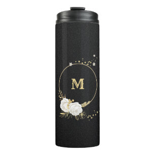 white flowers gold leaves black thermal tumbler