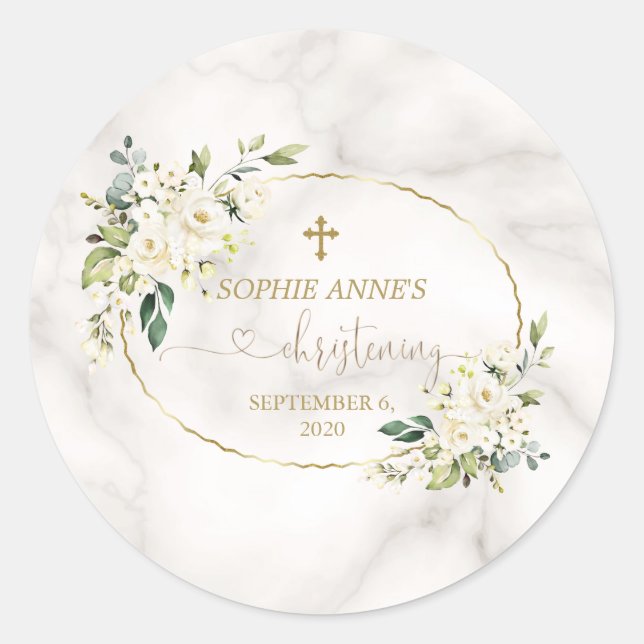 White Flowers Gold Marble Christening Calligraphy Classic Round Sticker (Front)