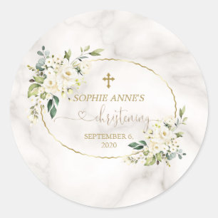 White Flowers Gold Marble Christening Calligraphy Classic Round Sticker