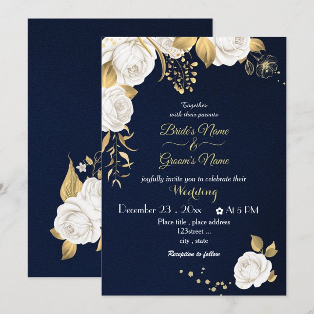 white flowers gold navy wedding  invitation (Front/Back)