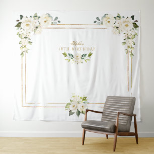 White Flowers Gold Photo Booth !8th Birthday Tapestry