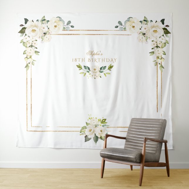 White Flowers Gold Photo Booth !8th Birthday Tapestry (In Situ (Horizontal))