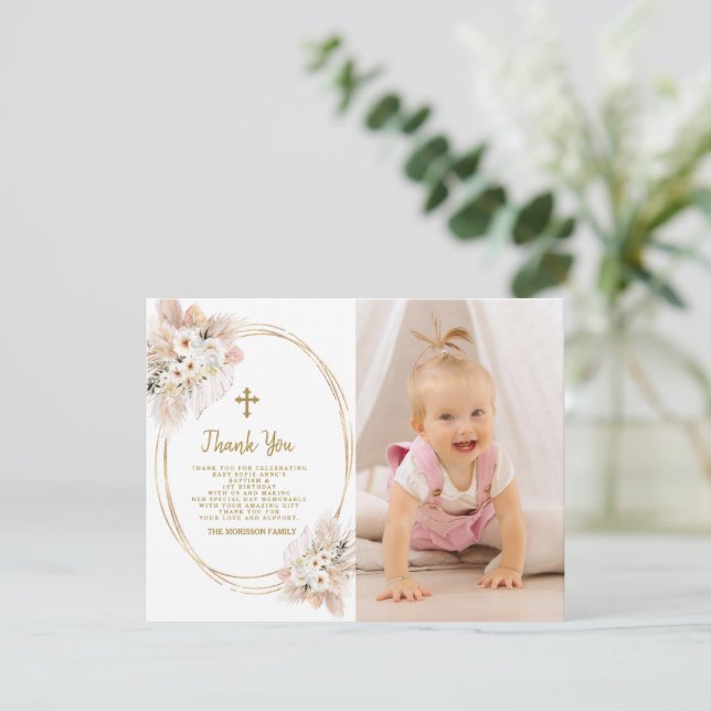 White Flowers Gold Photo Girl Baptism 1st Birthday Thank You Card (Standing Front)
