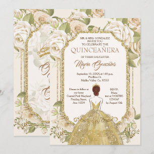 White Flowers Gold Quinceanera Mexican Birthday Invitation