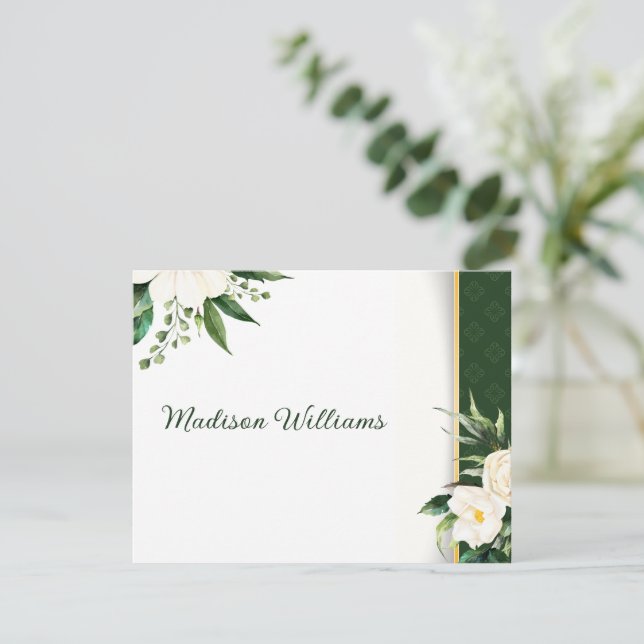 White Flowers Gold Stripe Escort Card (Standing Front)
