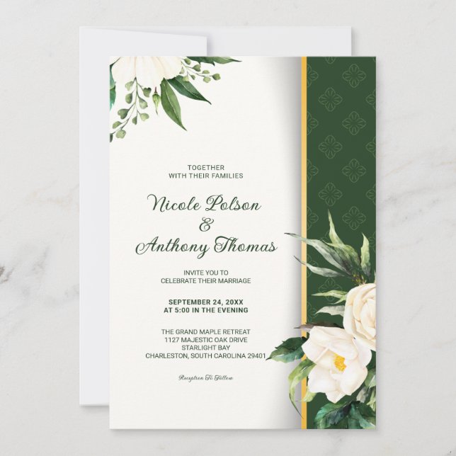 White Flowers Gold Stripe Wedding Invitation (Front)