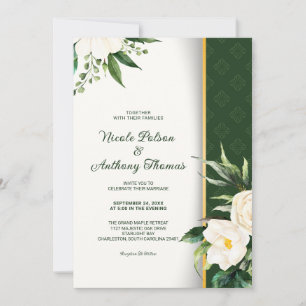 White Flowers Gold Stripe Wedding Invitation