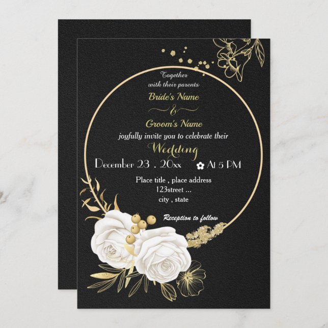 white flowers gold wreath black wedding invitation (Front/Back)