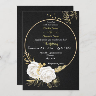 white flowers gold wreath black wedding invitation