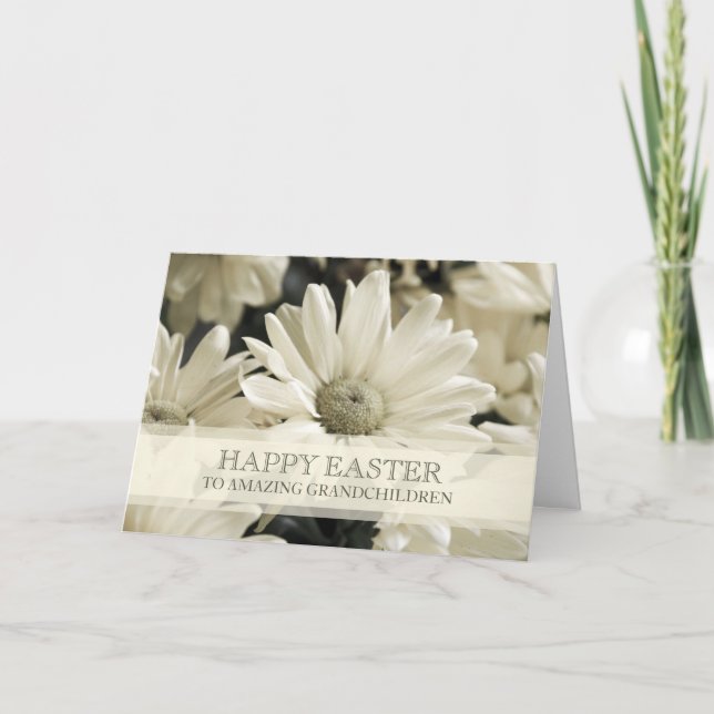 White Flowers Grandchildren Happy Easter Holiday Card (Front)