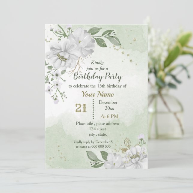 white flowers & green leaves birthday invitation (Standing Front)