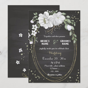 white flowers green leaves black wedding invitation