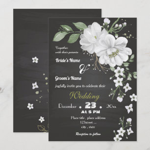 white flowers green leaves black wedding invitation