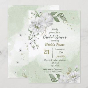 white flowers & green leaves bridal shower  invitation