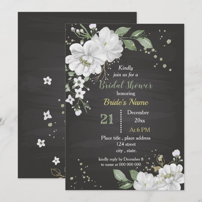 white flowers & green leaves bridal shower invitation (Front/Back)