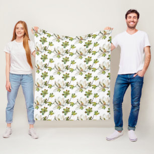 White Flowers Green Leaves Fleece Blanket